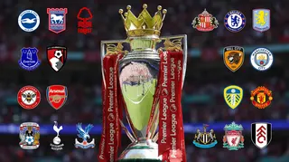 The Premier League trophy with red ribbons on it, surrounded by the crests of the 20 clubs in the English top flight in the 2026-27 season