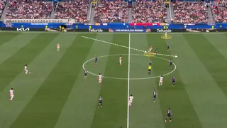 Screengrab from USA vs Paraguay with tactical annotations showing their in-possession shape. In this example, drawn are two circles around Pulisic and Robinson respectively to show their positions, with Pulisic out-wide and Robinson in the left half-space.