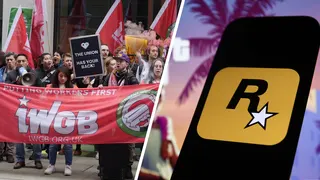 An IWGB protest outside of Take-Two offices in London; a phone showing the Rockstar logo.
