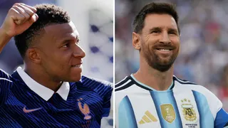 A split image of France striker Kylian Mbappe and Argentina's Lionel Messi celebrating scoring goals at the 2026 World Cup