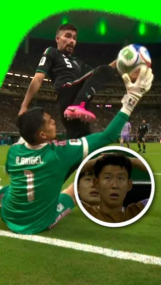 Raul Rangel making a save with Son Heung-min's reaction