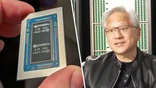 An RTX Spark in-hand on the left, and Nvidia CEO Jensen Huang on the right.