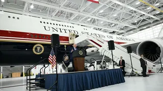 Donald Trump speaking at the unveiling of the new Air Force One