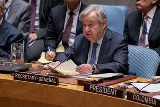 联合国秘书长安东尼奥·古特雷斯在纽约举行的联合国安理会会议上发表讲话。