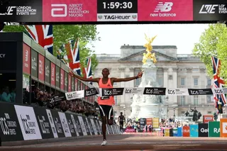 Kenya’s Sabastian Sawe crosses the finish line to win the London Marathon in a world-record time. Photo: Reuters