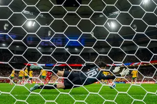 Australia’s Patrick Beach denies Turkey a goal from Arda Guler’s free-kick.