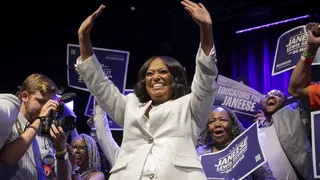 Mayoral candidate Janeese Lewis George celebrates her early lead.