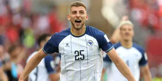 Jovo Lukic #25 of Bosnia and Herzegovina celebrates scoring his team's first goal during the FIFA World Cup 2026 Group B match between Canada and Bosnia and Herzegovina at Toronto Stadium on June 12, 2026 in Toronto, Ontario