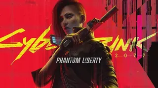 A netrunner holds a pistol against a red background in key art for Cyberpunk 2077 Phantom Liberty.