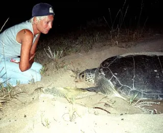 Mona Khalil looks at a turtle in southern Lebanon August 2002.