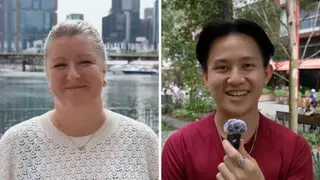 Split screen of a woman wearing a white shirt standing in front of a harbour and a man wearing a red shirt in a outside square