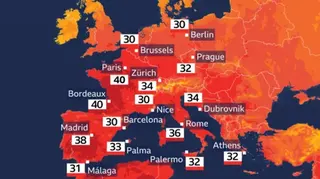 BBC Weather graphic showing Europe with temperatures into the 30s Celsius in many major European cities, with 40C shown for Bordeaux and Paris