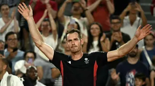 Andy Murray waves goodbye to the crowd after the final match of his career at the Paris 2024 Olympics