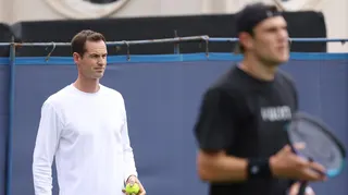 Andy Murray watches Jack Draper practise at Wimbledon