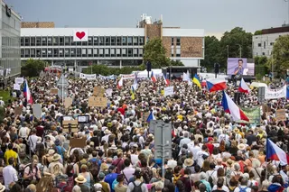 People take part in a protest in support of public service media outside Czech Television headquarters in Prague, Czech Republic on Sunday. Photo: EPA