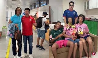 林杰（图右）到访沃齐尼亚的家里，祝贺他的家人。他也在帮助安娜拿到美国签证后，亲自到机场送行（图左）。 （取自林杰微博）