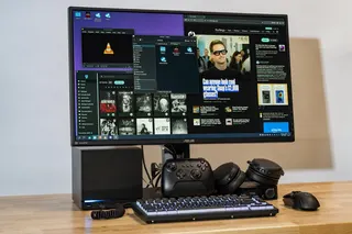 The Steam Machine in its built-in Linux desktop mode, plugged into the same peripherals I use every day.