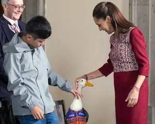 Mexico’s president, Claudia Sheinbaum, meets Merlin the duck and and Christian Gómez, son of the owner of Merlin the duck, in Mexico City