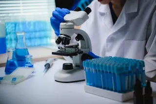 A scientist works with a microscope and test tubes in a research laboratory. Photo: Shutterstock