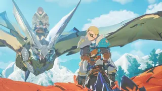 Monster Hunter Stories 3 screenshot showing two Riders flying through the air on their Monstie mounts with snow-covered mountains behind them.