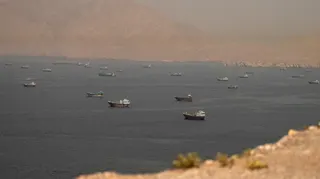 Vessels using the Strait of Hormuz as seen from Masandam, Oman on 18 June