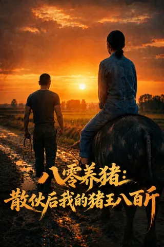 一男子走在田埂上，另一女子坐在豬身上。海報上寫著劇名：八零養豬，散伙後我的豬王八百斤。
