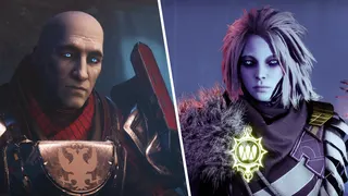 A vertically split image with close-ups of a sad-looking Zavala on the left, and a determined, cold Mara Sov on the right side.