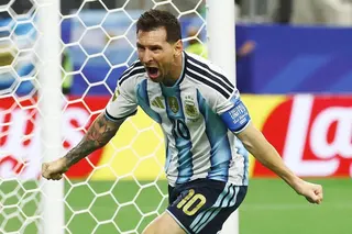 Argentina’s Lionel Messi celebrates scoring their second goal against Austria on June 22.