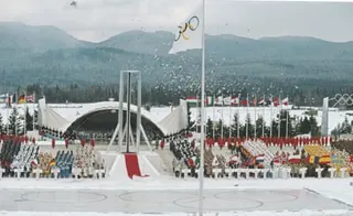 A generic view of the opening ceremony for the Olympic Winter Games at the Lake Placid Equestrian Stadium on 13 February 1980.
