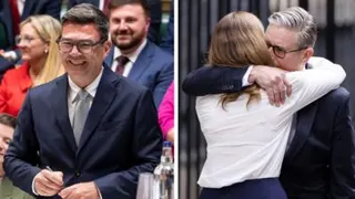A composite image of Andy Burnham in Parliament and Keir Starmer hugging his wife outside Downing Street
