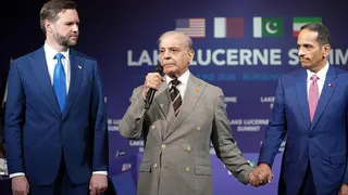 Pakistan's Prime Minister Shehbaz Sharif, centre, speaks next to US Vice President JD Vance and Qatar's Prime Minister and Minister for Foreign Affairs Sheikh Mohammed bin Abdulrahman bin Jassim Al-Thani during a quadrilateral meeting between the US, Iran, Pakistan and Qatar at the Lake Lucerne Summit.