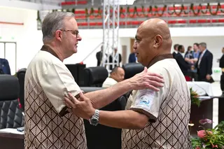 Australian Prime Minister Anthony Albanese (left) greets Tuvalu Prime Minister Feleti Teo in Tonga in 2024 during a Pacific Islands Forum Leaders Meeting. Photo: EPA-EFE