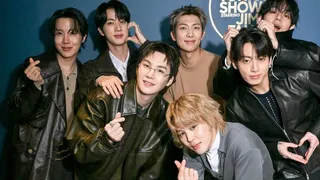 J-Hope, Jin, Suga, RM, V, Jung Kook,and Jimin (crouched) of BTS pose together on Wednesday, March 25, 2026