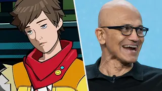 Left: Hi-Fi Rush's protagonist lies dead-eyed and slumped against a counter. Right: Satya Nadella laughing at the Microsoft 50th Anniversary Copilot event.