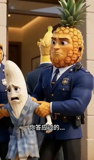 一個身著警服的菠蘿男子帶走了一個身著睡衣的香蕉人。