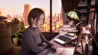 HoYo's Olivia Lin AI chatbot sat at a desk using a laptop in an apartment.