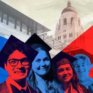 A stylised image of graduates in front of the Stanford University campus