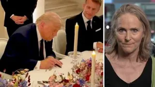 Splitscreen image of Trump signing deal and Caroline looking into camera