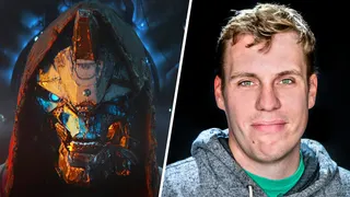 A vertically split image with a damaged Cayde-6 from Destiny 2 on the left, and a headshot of former game director Joe Blackburn on the right.