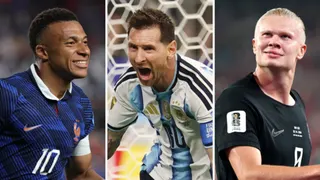 Kylian Mbappe, Lionel Messi and Erling Haaland celebrate scoring for France, Argentina and Norway respectively at the World Cup
