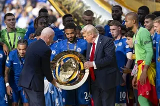 Gianni Infantino and Donald Trump hand the Club World Cup to Chelsea’s Reece James in 2025. Infantino said Trump would join him to present the men’s World Cup this summer.