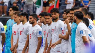 The Islamic Republica of Iran soccer team stands together before its match at the Los Angeles Stadium on June 21, 2026 in Inglewood, California.