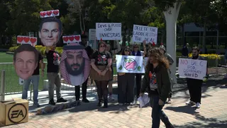 Players Alliance HQ protest against EA's acquisition by Saudi Arabia at EA HQ