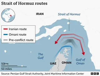 A map showing the routes through the Strait of Hormuz