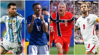 A collage of Lionel Messi of Argentina, Kylian Mbappe of France, Erling Haaland of Norway and Harry Kane of England