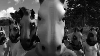 Seven men and women in horse masks face the camera, all nude, but said nudity is censored by a pixelation effect.