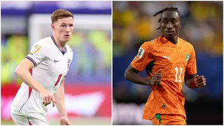 England and Nottingham Forest midfielder Elliot Anderson in white national team kit, while Liverpool target Yan Diomande represents Ivory Coast in their bright orange kit, with both players pictured in match action in a split image
