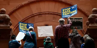 ALBANY, NY - MAY 13: Environmental advocates and progressive lawmakers hold a rally in support of legislation that would put a moratorium on new data centers in the state on Wednesday, May 13, 2026, at the Capitol in Albany, N.Y. (Will Waldron/Albany Times Union via Getty Images)