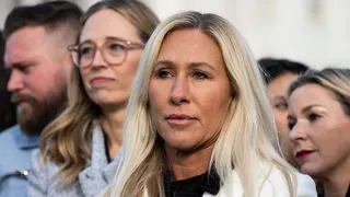 Representative Marjorie Taylor Greene, a Republican from Georgia, during a news conference outside the US Capitol in Washington, DC, US, on Tuesday, Nov. 18, 2025.