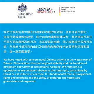 英國在台辦事處、法國在台協會與德國在台協會發表聯合聲明，批評中國這些行動威脅區域穩定，並重申反對任何單方面改變現狀的行為（圖／翻攝自英國在台辦事處臉書）